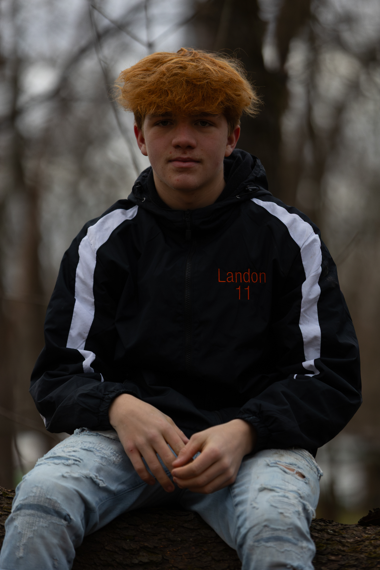 Portrait sitting on a fallen log in the woods